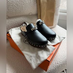 Hermes Kelly Black Leather Clogs palladium hardware size 37 EU / size 7 US